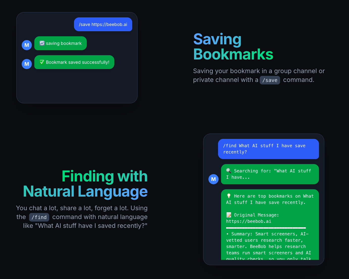 MeeMoo Bot Schnittstellendemo: Verwendung von /save und /find in Telegram
